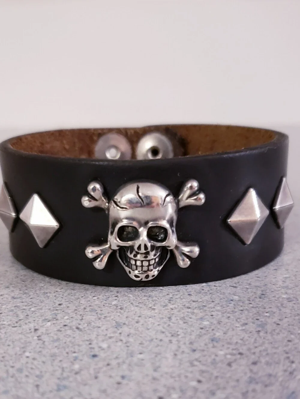 Sterling Skull Leather Wrist Cuff Bracelet